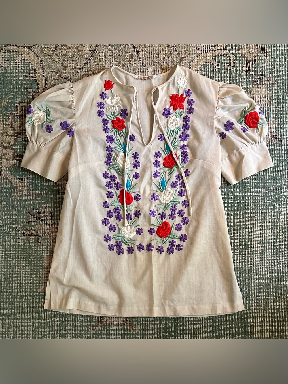 VTG Bohemian Vibrant Flower Embroidered Puff Sleeve Blouse Top Philippines SMALL